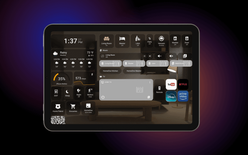HomeOne AI smart home dashboard on wall-mounted tablet